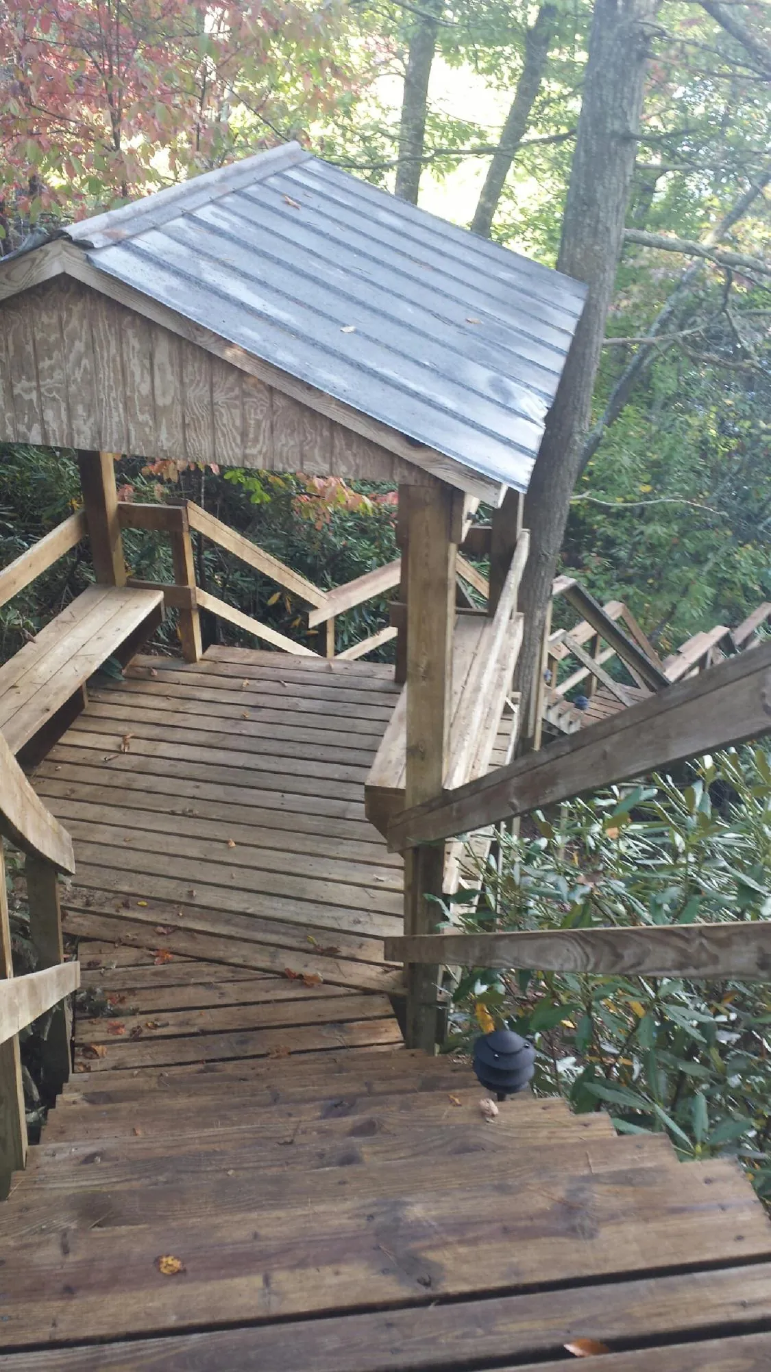 Metal roofed shelter over wooden steps on a wooded walkway — Skylight Repair & Installation work by our crew in Grayson